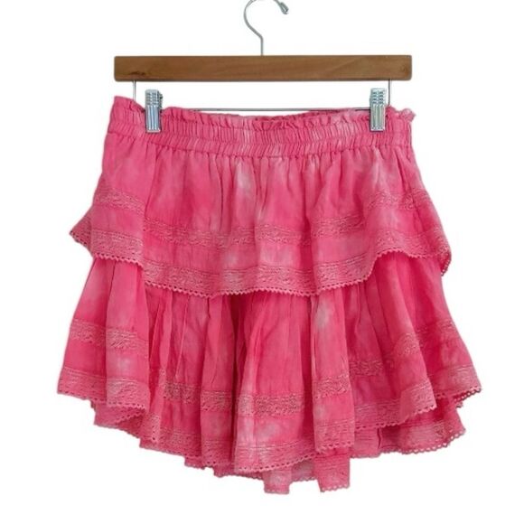 LoveShackFancy Hot Pink Tie Dye Ruffle Mini Skirt, Size Large - Picture 9 of 9